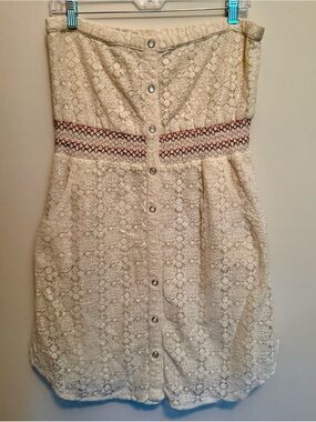 Strapless Cream Lace Dress with Embroidered Waist Detail
